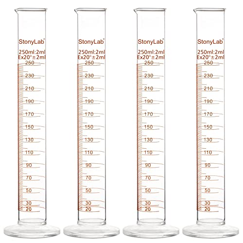 StonyLab 4-Pack Borosilicate Glass 250ml Heavy Wall Graduated Cylinder Measuring Cylinder, 250ml - size: 250 ml