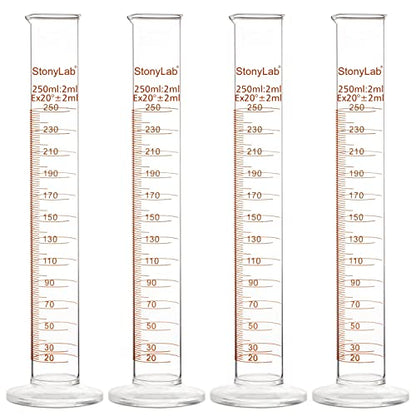 StonyLab 4-Pack Borosilicate Glass 250ml Heavy Wall Graduated Cylinder Measuring Cylinder, 250ml - size: 250 ml