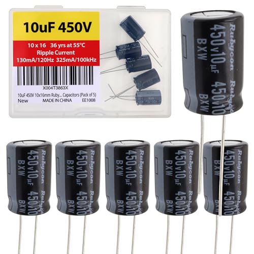 10uF 450V 10x16mm Rubycon Electrolytic Capacitor Ripple Current 130mA / 120Hz 325mA / 100kHz Long Life 36yrs at 55 Degree C mfd mircofarad Micro Farad Radial Lead Aluminum Capacitors (Pack of 5) - style: 10uf 450V 10x16mm Rubycon