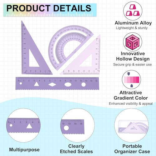 PATIKIL Geometry Set 2Pcs 6" Aluminum Ruler & 4 Triangles, Metal Protractor - color: Gradient Purple, size: 6 Inch
