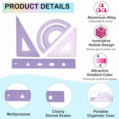 PATIKIL Geometry Set 2Pcs 6" Aluminum Ruler & 4 Triangles, Metal Protractor - color: Gradient Purple, size: 6 Inch