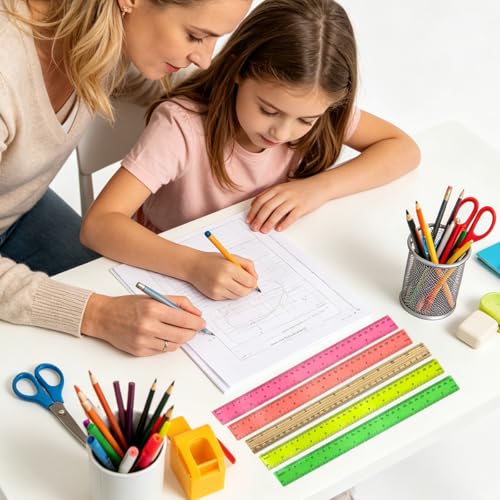 10 Pack Combo Rulers Kit, 12 Inch/30 cm, 5 Wooden Rulers + 5 Clear Plastic Rulers in 5 Colors, Shatterproof Transparent Ruler with Inches and Centimeters for School Classroom Office Home
