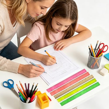 10 Pack Combo Rulers Kit, 12 Inch/30 cm, 5 Wooden Rulers + 5 Clear Plastic Rulers in 5 Colors, Shatterproof Transparent Ruler with Inches and Centimeters for School Classroom Office Home