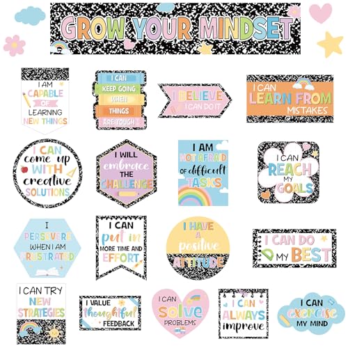 24Pcs Composition Classroom Bulletin Board Decor Girl Style Grow Your Mindset Positive Sayings Accent Cutouts Inspirational Bulletin Board Sets for School Students Teacher Office Home Wall Supply