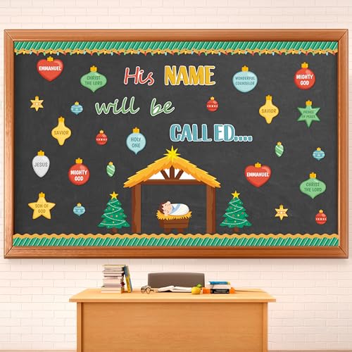 TICIAGA Religious Jesus Christian Bulletin Board - 81Pcs Nativity His Name Will Be Called Religious Cutout Trim Border for Xmas Holiday Church Sunday School Classroom Chalkboard Wall Decor - style: Christmas