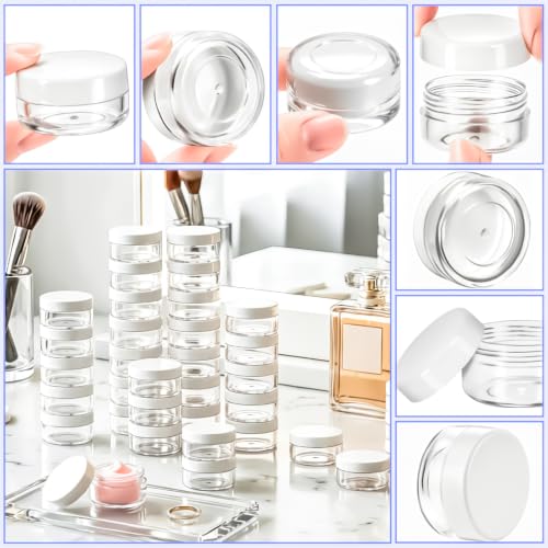 48PCS 10g Empty Clear Containers with Lids,Refillable Makeup Sample Containers, Small Sample Pot Jars Travel Makeup Container with Mini Spatulas for Liquid Powder Creams Lotions,White Lid - color: White, size: 10g