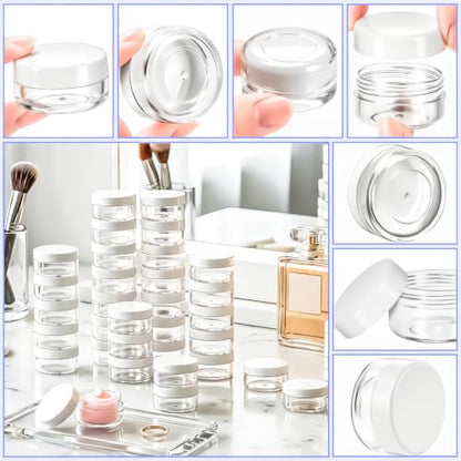 48PCS 10g Empty Clear Containers with Lids,Refillable Makeup Sample Containers, Small Sample Pot Jars Travel Makeup Container with Mini Spatulas for Liquid Powder Creams Lotions,White Lid - color: White, size: 10g