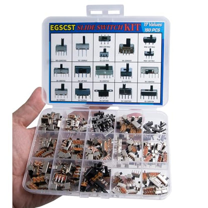 17Values 150Pcs Mini Micro Slide Switch Assortment Kit 2Pin 3Pin 4Pin DIP Toggle Switches Assorted Set ON/Off ON/Off/ON for DIY Breadboard and Electronic Board Mount