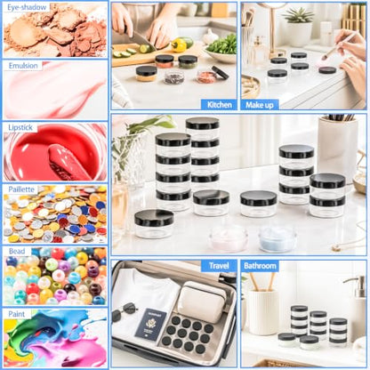 48PCS 10g Empty Clear Containers with Lids,Refillable Makeup Sample Containers, Small Sample Pot Jars Travel Makeup Container with Mini Spatulas for Liquid Powder Creams Lotions,Black Lid - color: Black, size: 10g