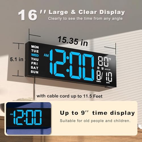 JALL 16" Large Digital Wall Clock with Remote, Back to School Classroom, Gift for Student Teacher, Big LED for Seniors, Auto Dimming, 8 RGB Colors, Night Light, Timer, Temperature for Living Room - color: Blue White, size: 16 inches