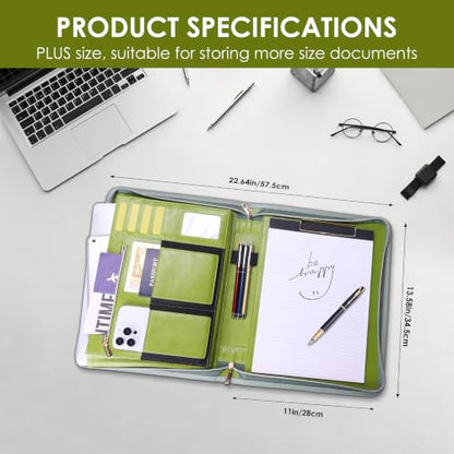 Portfolio Organizer Binder with Zipper, Padfolio for Women - color: Green