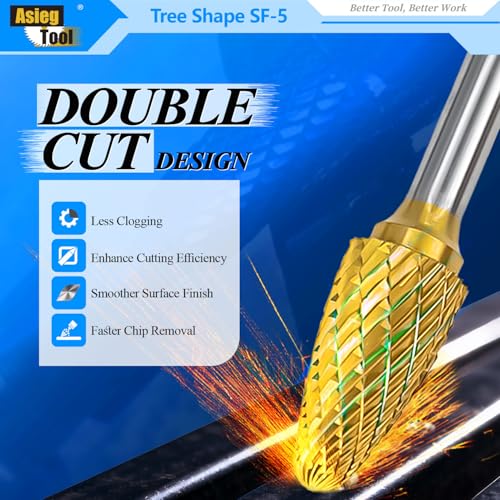 SF-5 5pcs Tungsten Carbide Burr TiN Rotary File Tree Shape Radius End Shape Double Cut for Die Grinder Drill Bits 1/4'' Inch Diameter of Shank and 1/2'' Diameter of Cutter 1'' Inch Cutter Length - style: 5pcs SF-5 TIN