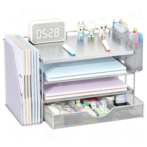 gianotter Desk Organizers and Accessories with File Holder, 4-Tier Desk Accessories & Workspace Organizers with Drawer and 2 Pen Holder, Desk Reference Organizer (Grey, 4T with Metal Drawer) - color: Grey