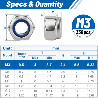 M3-0.5 Lock Nut 330Pcs Stainless Steel Nylock Locking Nuts with Washer - size: locknut-M3 330pcs