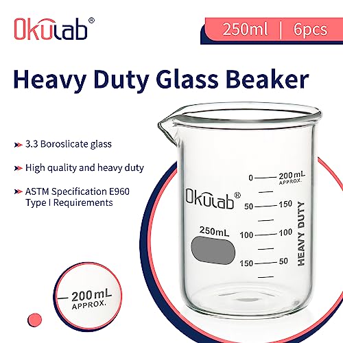 Glass Beakers, Heavy Duty, with Double Scale Printed Graduation. 6pcs of Vol.250ml, HBKG250A6 - style: 6pcs of 250ml