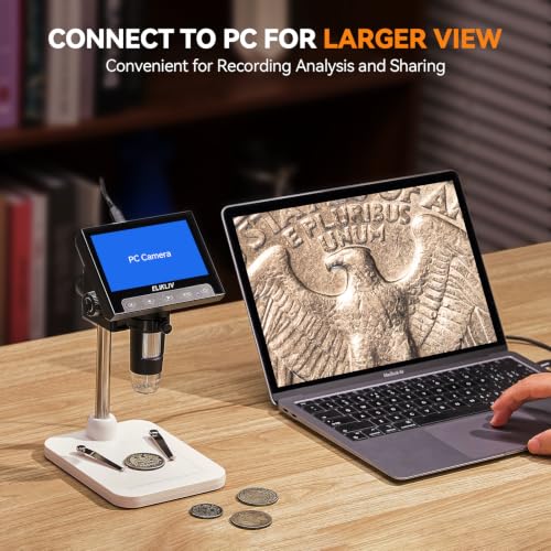 Elikliv Microscope, Digital Coin Microscope 1000x with Lights, EDM4, 4.3'' - color: White