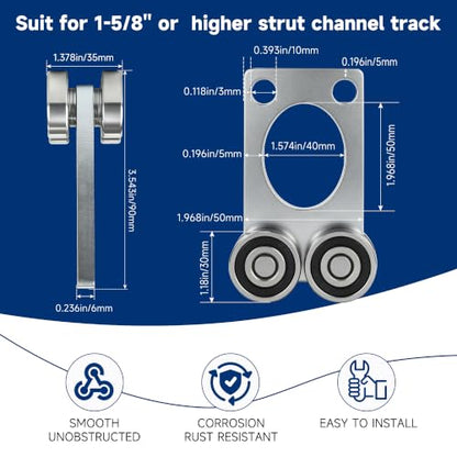 Wheel Trolley Assembly Rollers.Bearing Trolley Assembly.The top of the Trolley has Room for Set Screws, Allowing the use of a 1-5/8" high Strut Channel - style: A-4Wheel Trolley 1pcs