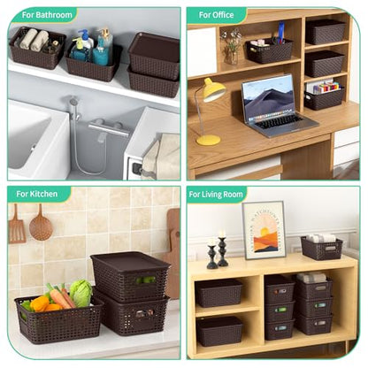 8 Pack Plastic Storage Baskets,Brown Stackable Bins with Lid - color: Brown