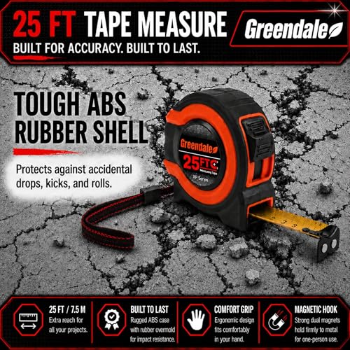 Greendale – 6 Pack Tape Measures 25 ft – Easy-Read Fractions, Magnetic Tip, Quick-Lock & Auto-Retract – Heavy-Duty Measuring Tape with Belt Clip – Red/Orange - color: Red