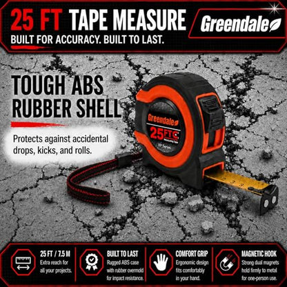Greendale – 6 Pack Tape Measures 25 ft – Easy-Read Fractions, Magnetic Tip, Quick-Lock & Auto-Retract – Heavy-Duty Measuring Tape with Belt Clip – Red/Orange - color: Red