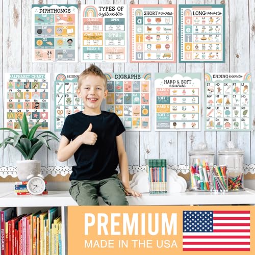 Phonics Posters for Classroom Must Haves - Syllable Vowels Classrom Decor - color: Boho Muted