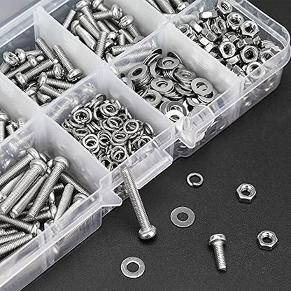 HELIFOUNER 500 Pieces M3 x 6mm /8mm /10mm /12mm /16mm /20mm, Phillips Pan Head Machine Screws, Metric Screws Bolts Washers Nuts Kit, 304 Stainless Steel - size: M3