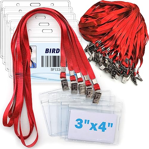 4x3 Name Tags Badge Holder with Lanyard 50 Pack Waterproof Horizontal ID Badge Holder and 50 Pcs Lanyards Nametag for Conferences, Events, and Meetings (Red, 4 X 3 inches) - color: Red, size: 4 X 3 inches