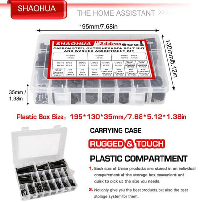 244PCS Hex Head Nuts and Bolts Assortment Kit, M10 M8 M6 M5 M4 M3 Metric Bolt Assortment, Screws and Nuts, Metric Bolt Kit, Grade 8.8 Alloy Steel Black Bolts and Nuts Kit with Lock & Flat Washers - size: B. M3 M4 M5 M6 M8 M10