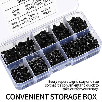M3 Flat Head Machine Screws and Hex Nuts Kit, 380 Pcs Black Countersunk Head Phillips Screws Bolts Nuts Assortment Kit - M3 x 4mm/ 6mm/ 8mm/ 10mm/ 12mm/ 16mm/ 20mm - size: M3