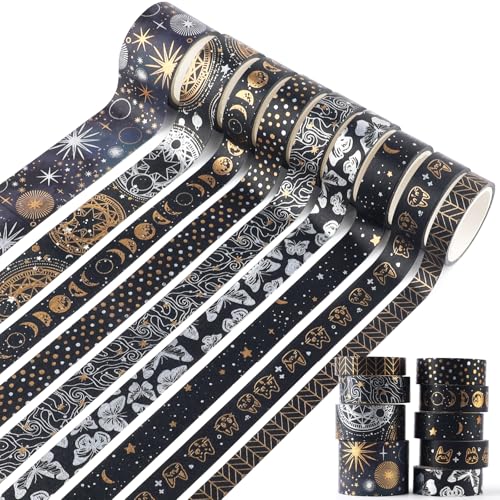 9 Rolls Mystic Gold Washi Tape Set,Gold Foil Vintage Black Pattern Decorative Tape,Butterfly Star Moon Decorative Masking Tapes for DIY Scrapbook Design Journaling Handbook Making Card Wrap Craft Gift - style: Vintage Black