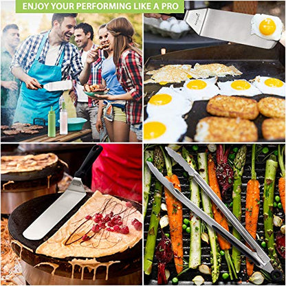 Metal Spatula Set of 6 - Griddle Accessories kit - Grill Flat Spatula Pancake Flipper Hamburger Turner - Metal Utensil Great for BBQ Grill Flat Top Cast Iron Griddle - Commercial Grade - color: Plastic handle set + tongs and bottles