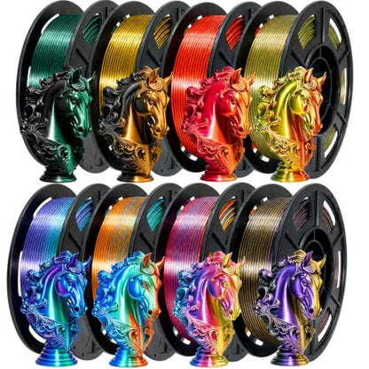 Silk PLA+ Filament 1.75mm, Neatly Wound 250g Spools, ±0.03 mm Dimensional Accuracy, Fits Most FDM 3D Printers, 8-Pack Multicolor PLA Plus Filament, 2KG Total