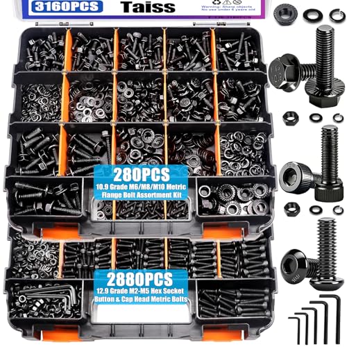 Taiss 3160PCS Metric Flange Bolt Assortment Kit,Nuts and Bolts Assortment Kit M2 M3 M4 M5 M6x1.0 M8x1.25 M10x1.5 Bolt(4-45mm) 42 Sizes Hex Socket Button & Cap Head Metric Screw 10.9 Black Zinc Plated - color: BK 3160PCS Kit