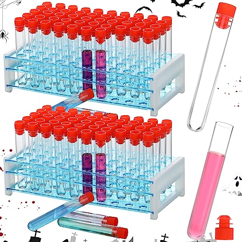 Xuhal 100 Pcs Halloween Test Tubes and Holder, 16 x 100 mm Plastic Caps