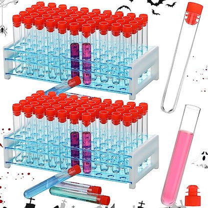 Xuhal 100 Pcs Halloween Test Tubes and Holder, 16 x 100 mm Plastic Caps