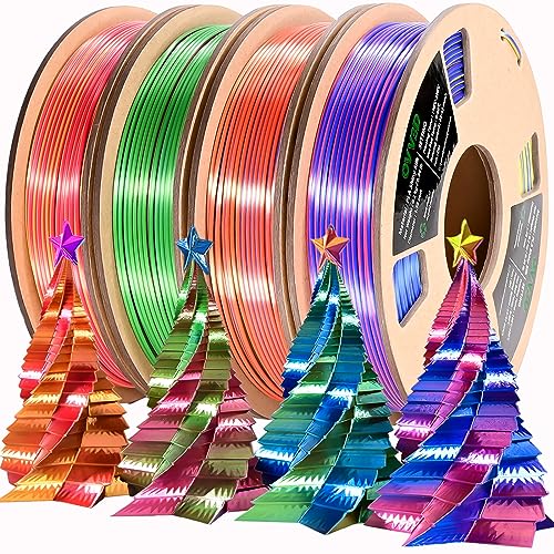PLA Filament 1.75mm, Tri-Colors 3D Printer Filament, Rainbow PLA Filament Bundle, Coextrusion 3D Filament with Silk PLA Color Change, 3D Printing Filament +/-0.02mm, 200g X 4 Spool - color: Red Gold Blue Green Orange