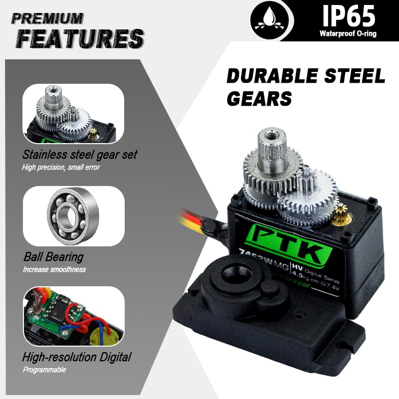 PTK 7462W MG 13g Waterproof Micro Digital Servo Metal Gear Core Motor 4.5kg Torque for SCX24 AX24 1/24 Crawler Cars Robots Fixed Wings Upgrade Parts 180 Degrees (4pcs) - style: PTK 7462W-4pcs