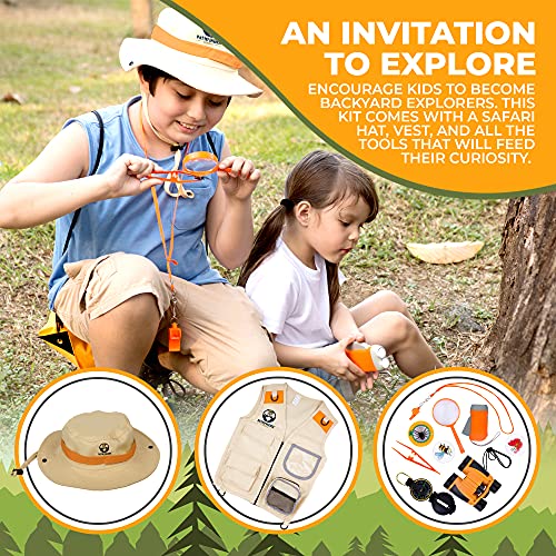 Kids Explorer Kit with Safari Vest & Hat for 7-12 Year Old Boys & Girls - color: Tangerine Orange, size: Large