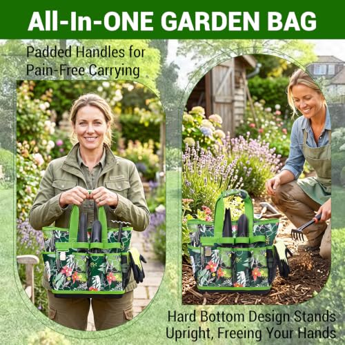 MELOTOUGH 12-Pocket Garden Tool Bag with Hard Bottom, Gardening Tote, Green - color: Green Leaf