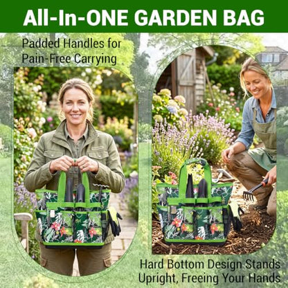 MELOTOUGH 12-Pocket Garden Tool Bag with Hard Bottom, Gardening Tote, Green - color: Green Leaf
