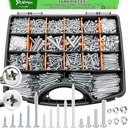 1680pcs Nails and Screws Assortment Kit,3/4"-2" Hardware Nails,M3/M4/M5/M6 Machine Screws,#6#8 High Hardness Wood Screws,Assorted Screws, Common Nails with Handheld Box - size: 1680PCS