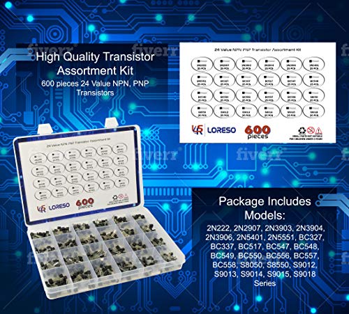 Transistor Assortment Kit Box By Loreso - 600 Piece 24 Value NPN PNP Transistor Box 2N2222 2N2907 BC327 BC337 BC556 2N3903 S9012 for Hobby Electronics, Audio-Video, Repair & Electronic Projects - style: Transistors