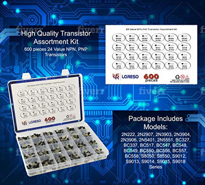 Transistor Assortment Kit Box By Loreso - 600 Piece 24 Value NPN PNP Transistor Box 2N2222 2N2907 BC327 BC337 BC556 2N3903 S9012 for Hobby Electronics, Audio-Video, Repair & Electronic Projects - style: Transistors
