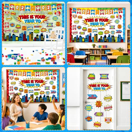 This is Your Year Bulletin Board Set Super Themed Classroom Decoration Inspirational Hero Welcome Back to School Decoration Cutouts for Back to School Office Classroom Home Chalkboard Wall Door Decor - style: This is Your Year to