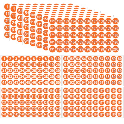 12 Sheets 1 to 200 Vinyl Number Stickers Orange Consecutive Number Stickers 3 Sets 1 Inch Self-Adhesive Waterproof Labels Inventory Stickers Decal for Indoor Outdoor Storage Organizing Classification - color: Orange,1",3sets(1-200)