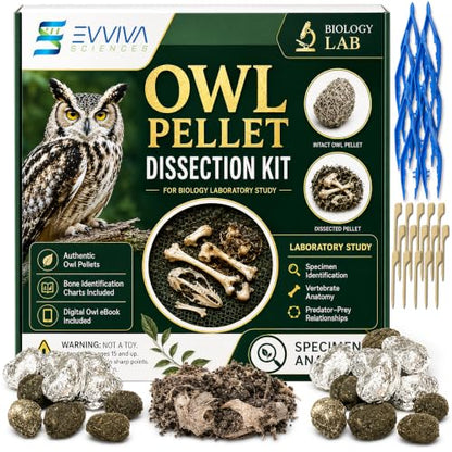 ES EVVIVA SCIENCES Owl Pellet Kit - Dissect 30 Mostly Small Real Owl Pellets w/Tools & PDF Bone Charts - Science Education Kit for Ages 15+ - Hands-On Animal Biology Science Lab Activity