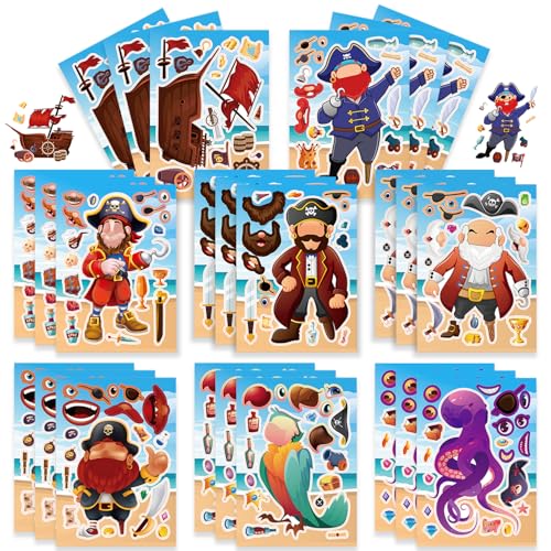 24 Sheets Make Your Own Pirate Stickers for Kids, Party Favors, Birthday Gifts, Classroom Rewards, Crafts for Boys and Girls - color: Pirate