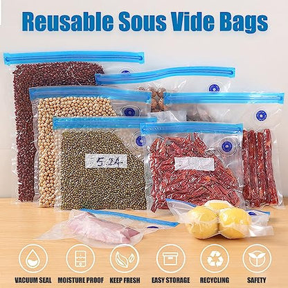 Sous Vide Bags,20pcs Reusable Vacuum Sealer Bags Kit,15 Mixed Sizes BPA Free Zipper Bags for Food,4 Sealing Clips,1 Hand Pump for Food Storage and Sous Vide Cooking - size: mixed size bags with hand pump