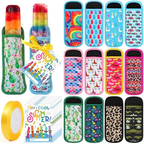 24 Sets End of Year Gifts for Students Bulk Summer Ice Pop Sleeves Reusable Colorful Freezer Ice Pop Holders Bags Cool Summer Cards Ribbons School Grad Birthday Beach Pool Party Favors - style: Tropical