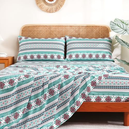 CozySmile 4 Pieces Queen Sheet Set Bohemian, Boho Sheets Soft Microfiber Deep Pocket, Western Sheets Geometric(Queen, Mint Coral Striped) - color: B-mint Coral Striped, size: Queen